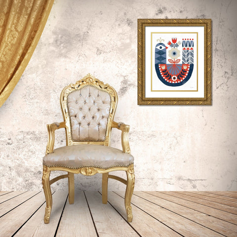 Folk Lodge Bird Red Navy Gold Ornate Wood Framed Art Print with Double Matting by Mullan, Michael