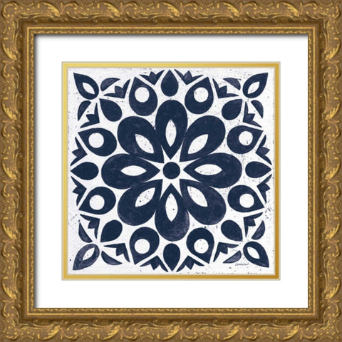 Blue and White Tile III Gold Ornate Wood Framed Art Print with Double Matting by Lovell, Kathrine