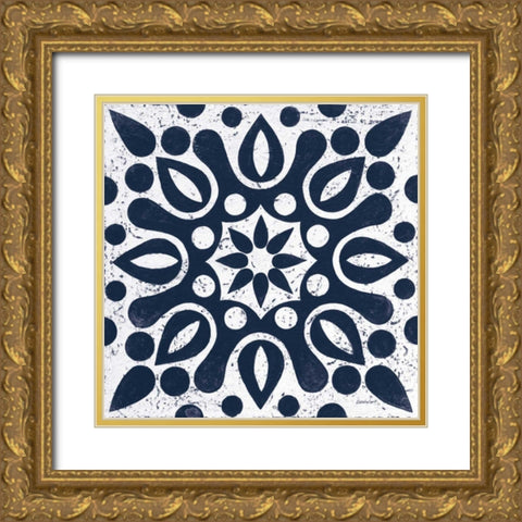 Blue and White Tile IV Gold Ornate Wood Framed Art Print with Double Matting by Lovell, Kathrine