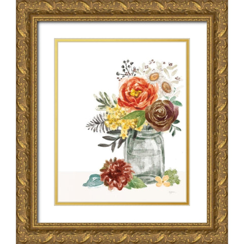 Flower Fest V Green Jar Gold Ornate Wood Framed Art Print with Double Matting by Urban, Mary