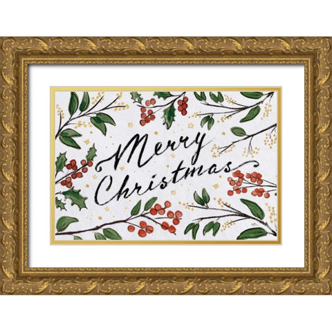 Christmas Lovebirds Greenery Gold Ornate Wood Framed Art Print with Double Matting by Penner, Janelle