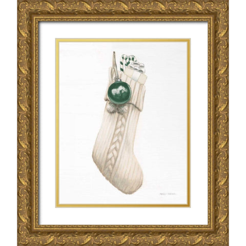 White Christmas Stocking Green Gold Ornate Wood Framed Art Print with Double Matting by Fabiano, Marco