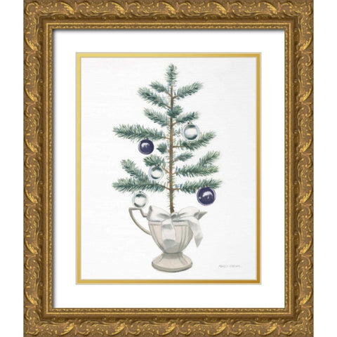 White Christmas Tree Navy Gold Ornate Wood Framed Art Print with Double Matting by Fabiano, Marco