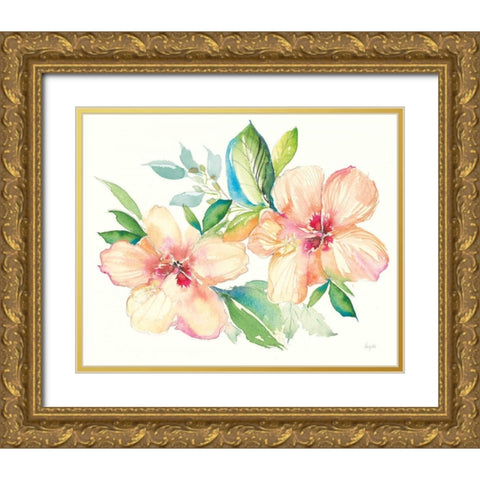 Pastel Garden Hibiscus Gold Ornate Wood Framed Art Print with Double Matting by Rice, Kristy