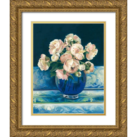 Peonies in Cobalt Vase No Fruit Gold Ornate Wood Framed Art Print with Double Matting by Hageman, Marilyn