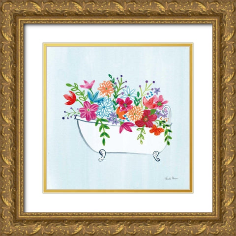 Floral Bathroom I Light Blue Gold Ornate Wood Framed Art Print with Double Matting by Zaman, Farida
