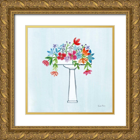 Floral Bathroom II Light Blue Gold Ornate Wood Framed Art Print with Double Matting by Zaman, Farida