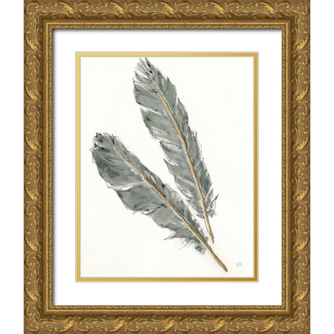 Gold Feathers III Green Gold Ornate Wood Framed Art Print with Double Matting by Paschke, Chris