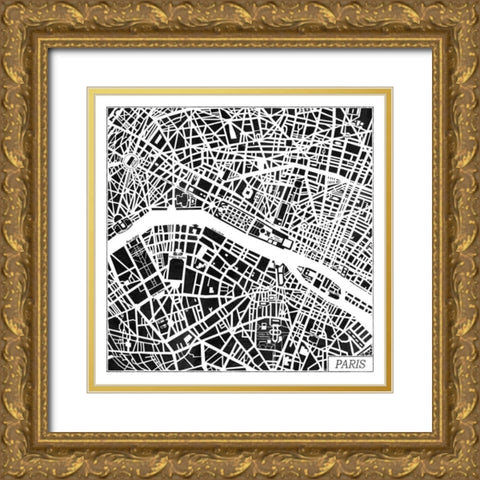 Paris Map Black Gold Ornate Wood Framed Art Print with Double Matting by Marshall, Laura