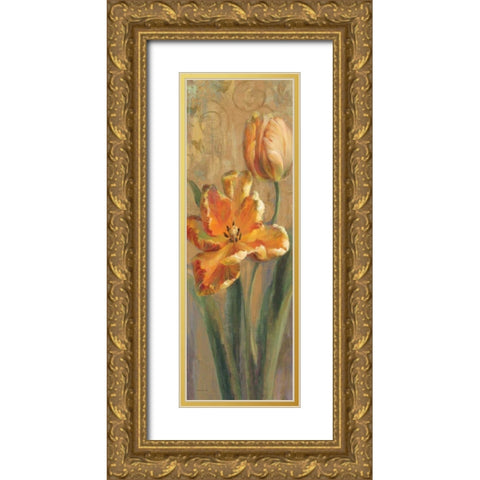 Parrot Tulips on Gold I Gold Ornate Wood Framed Art Print with Double Matting by Nai, Danhui