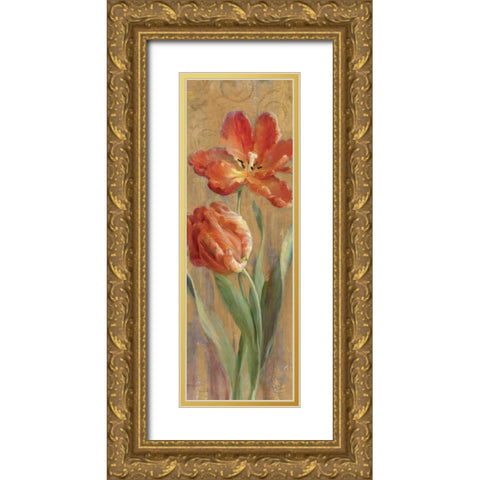 Parrot Tulips on Gold II Gold Ornate Wood Framed Art Print with Double Matting by Nai, Danhui