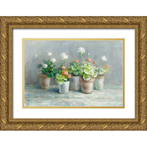 Farmhouse Geraniums Gold Ornate Wood Framed Art Print with Double Matting by Nai, Danhui