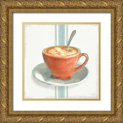 Wake Me Up Coffee III With Stripes No Cookie Gold Ornate Wood Framed Art Print with Double Matting by Nai, Danhui