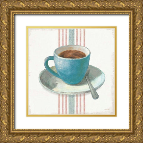 Wake Me Up Coffee IV Blue with Stripes No Cookie Gold Ornate Wood Framed Art Print with Double Matting by Nai, Danhui