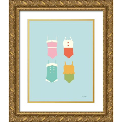 Summer Bathing Suits Blue Gold Ornate Wood Framed Art Print with Double Matting by Kelle, Ann