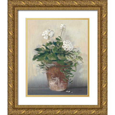 Pot of White Geraniums Gold Ornate Wood Framed Art Print with Double Matting by Rowan, Carol