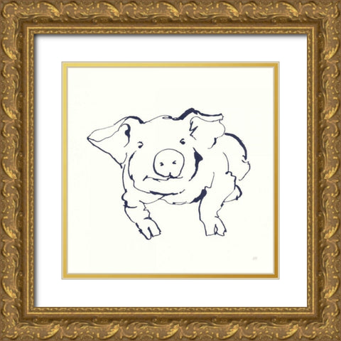 Line Pig II Navy Gold Ornate Wood Framed Art Print with Double Matting by Paschke, Chris