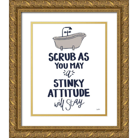 Bathroom Etiquette II Navy Gray Gold Ornate Wood Framed Art Print with Double Matting by York, Leah