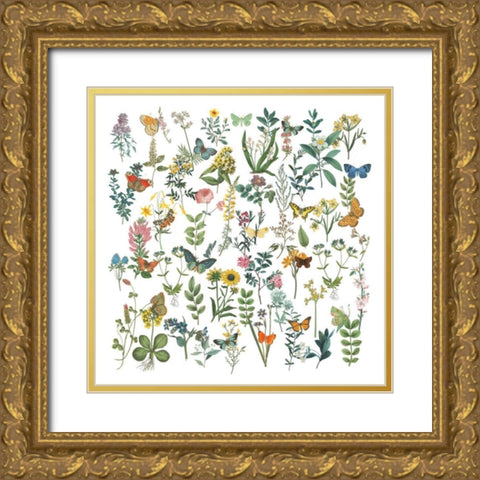 Flowers and Butterflies Gold Ornate Wood Framed Art Print with Double Matting by Wild Apple Portfolio