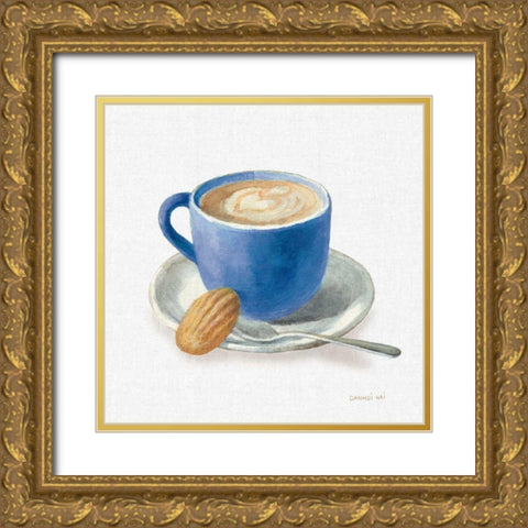 Wake Up Coffee I Linen Classic Blue Gold Ornate Wood Framed Art Print with Double Matting by Nai, Danhui