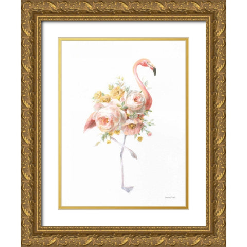 Floral Flamingo I Gold Ornate Wood Framed Art Print with Double Matting by Nai, Danhui