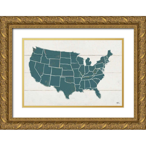 Peace and Lodge USA Map Gold Ornate Wood Framed Art Print with Double Matting by Penner, Janelle