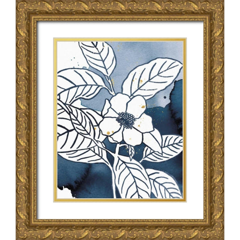 Indigo Blooms I Gold Ornate Wood Framed Art Print with Double Matting by Wild Apple Portfolio