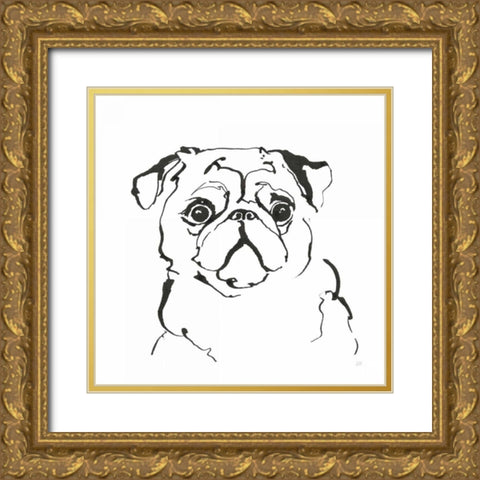 Line Dog Pug I Gold Ornate Wood Framed Art Print with Double Matting by Paschke, Chris