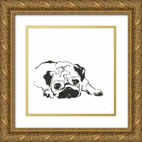 Line Dog Pug II Gold Ornate Wood Framed Art Print with Double Matting by Paschke, Chris