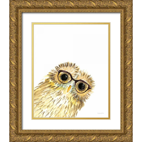 Owl in Glasses Gold Ornate Wood Framed Art Print with Double Matting by Charro, Mercedes Lopez