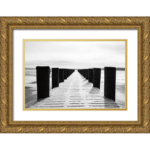 Winter Dock Gold Ornate Wood Framed Art Print with Double Matting by Aledanda