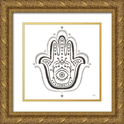 Hamsa Amulet in Black Gold Ornate Wood Framed Art Print with Double Matting by Averinos, Melissa