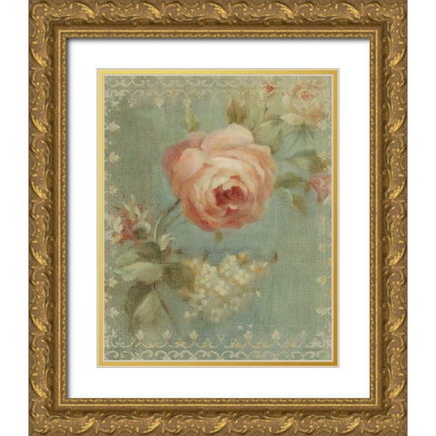 Rose on Sage Gold Ornate Wood Framed Art Print with Double Matting by Nai, Danhui