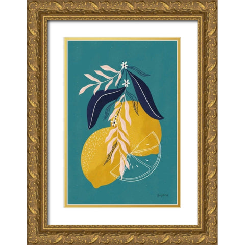 Lemons II Blue Gold Ornate Wood Framed Art Print with Double Matting by Thorns, Becky