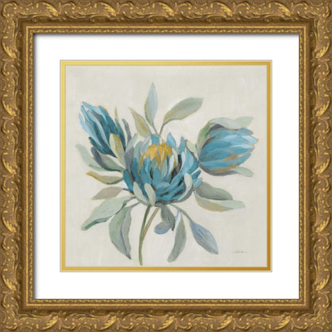 Field Floral I Blue Gold Ornate Wood Framed Art Print with Double Matting by Vassileva, Silvia