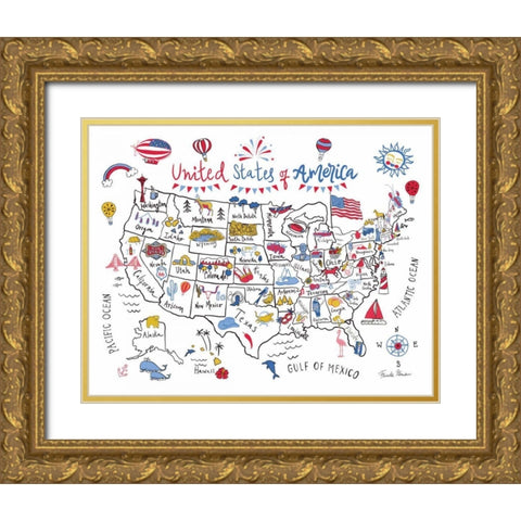 USA Map Gold Ornate Wood Framed Art Print with Double Matting by Zaman, Farida