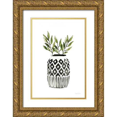 Geometric Vases II Green Gold Ornate Wood Framed Art Print with Double Matting by Charro, Mercedes Lopez