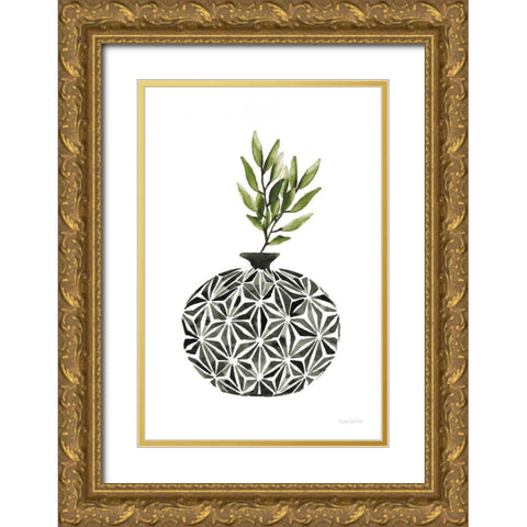 Geometric Vases IV Green Gold Ornate Wood Framed Art Print with Double Matting by Charro, Mercedes Lopez