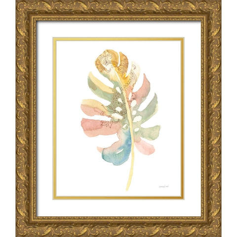 Boho Tropical Leaf II on White Gold Ornate Wood Framed Art Print with Double Matting by Nai, Danhui