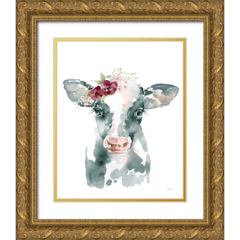 Floral Cow Gold Ornate Wood Framed Art Print with Double Matting by Pete, Katrina