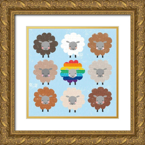 Be Ewe Brown and Rainbow Sheep Sq Gold Ornate Wood Framed Art Print with Double Matting by Hershey, Moira