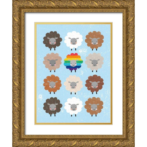 Be Ewe Brown and Rainbow Sheep 5x7 Gold Ornate Wood Framed Art Print with Double Matting by Hershey, Moira