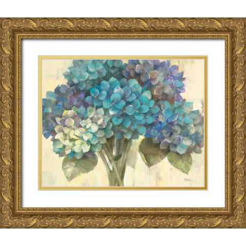 Turquoise Hydrangea Gold Ornate Wood Framed Art Print with Double Matting by Hristova, Albena