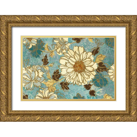 Sophias Flowers Blue Gold Ornate Wood Framed Art Print with Double Matting by Wild Apple Portfolio