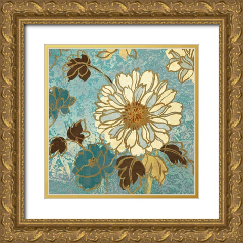 Sophias Flowers II - Blue Gold Ornate Wood Framed Art Print with Double Matting by Wild Apple Portfolio