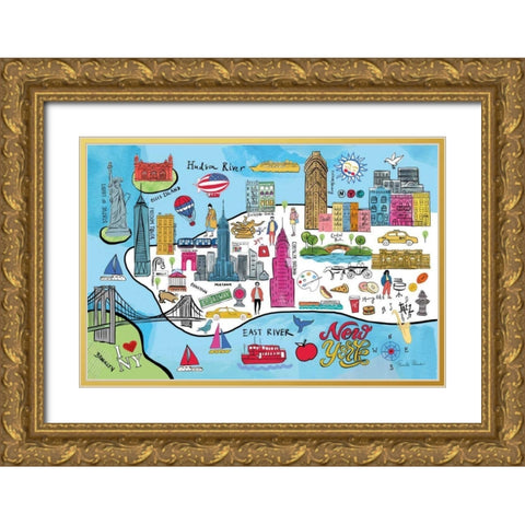 New York Map Gold Ornate Wood Framed Art Print with Double Matting by Zaman, Farida