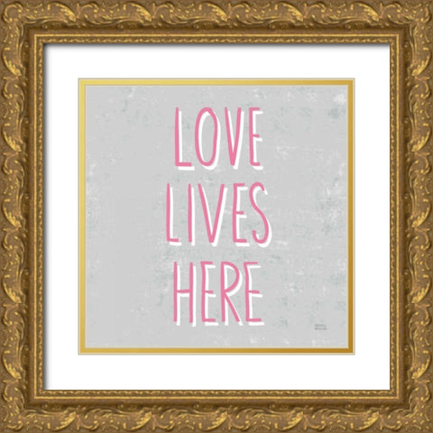 Love Lives Here Slate and Pink Gold Ornate Wood Framed Art Print with Double Matting by Mullan, Michael
