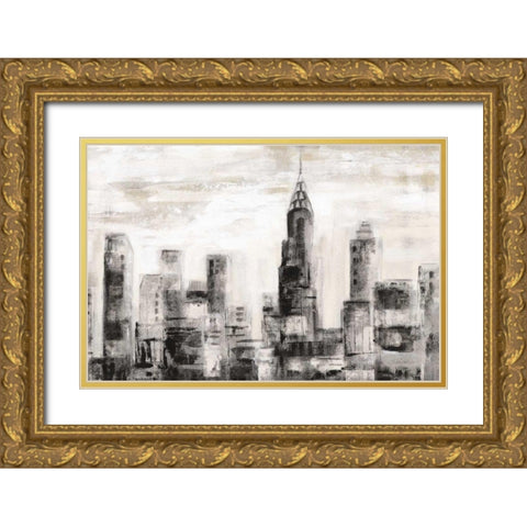 Manhattan Skyline BW Crop Gold Ornate Wood Framed Art Print with Double Matting by Vassileva, Silvia