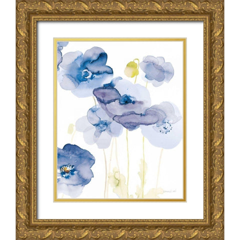 Delicate Poppies II Blue Gold Ornate Wood Framed Art Print with Double Matting by Nai, Danhui