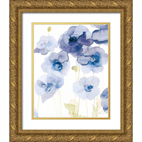 Delicate Poppies III Blue Gold Ornate Wood Framed Art Print with Double Matting by Nai, Danhui